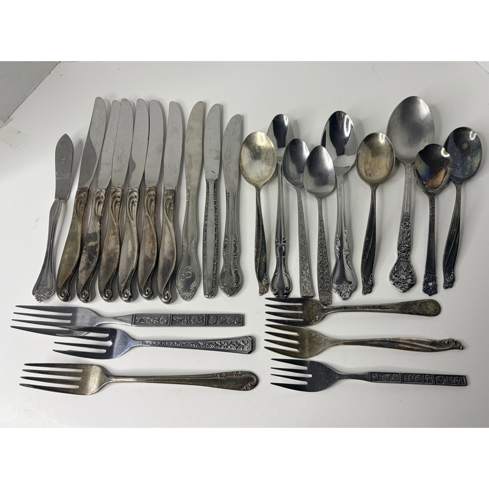 Silver Plated Silverware Lot Of 25 Spoons & Forks Crafting Art Jewelery Craft